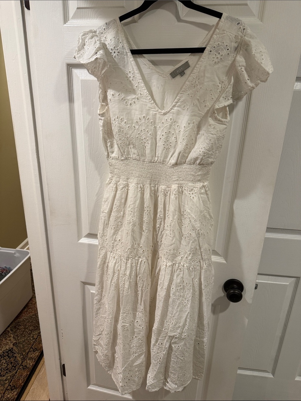 Cream Eyelet V-Neck Midi Dress with Smocked Waist